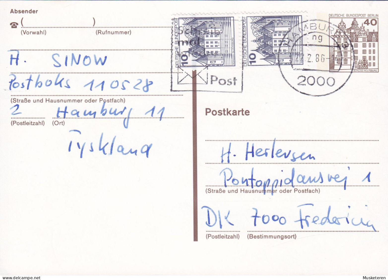 Bundespost Berlin Uprated Postal Stationery Ganzsache HAMBURG 1986 FREDERICIA Denmark (2 Scans) - Cartes Postales - Oblitérées