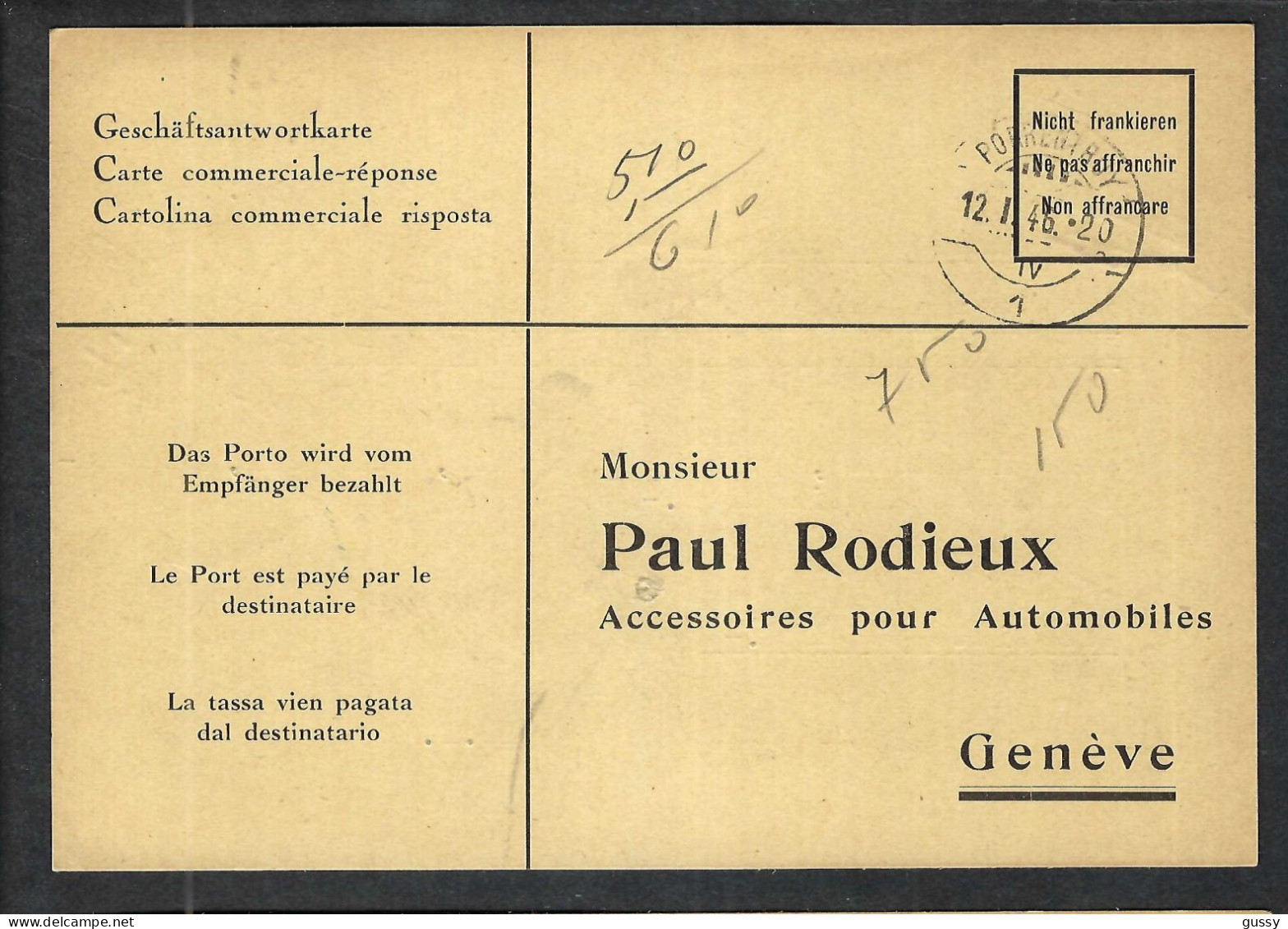 SUISSE 1946: CP Commerciale-Réponse En PP Par Destinataire De Porrentruy (JU) Pour Genève - Portofreiheit