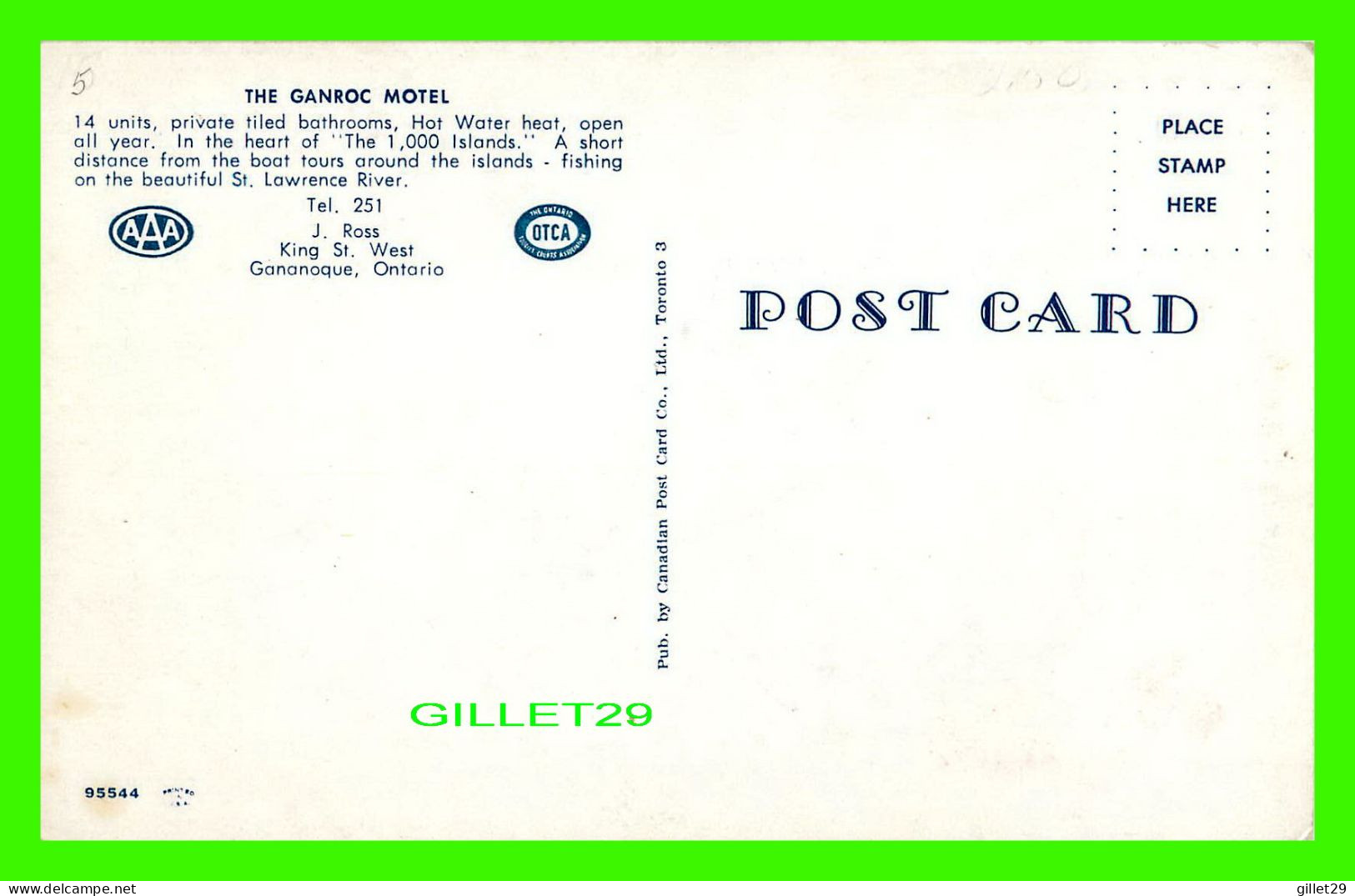 GANANOQUE, ONTARIO - THE GANROC MOTEL -  PUB. BY CANADIAN POST CARD CO LTD - ANIMATED OLD CAR - - Gananoque