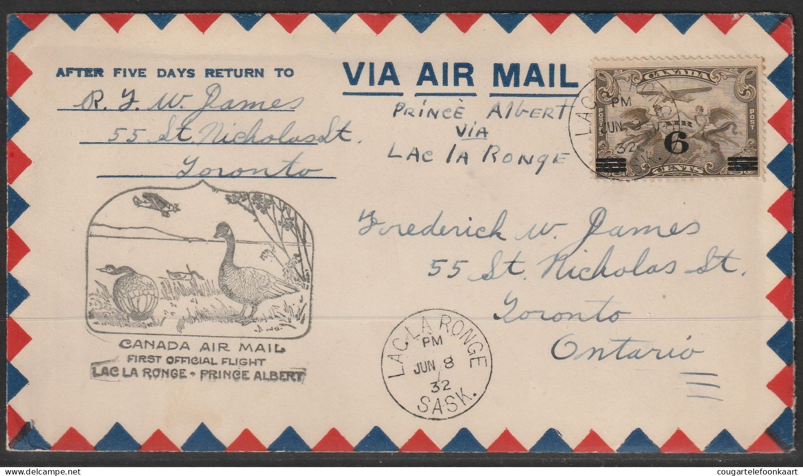 1932, First Flight Cover, Lacla Ronge-Prince Albert - Erst- U. Sonderflugbriefe