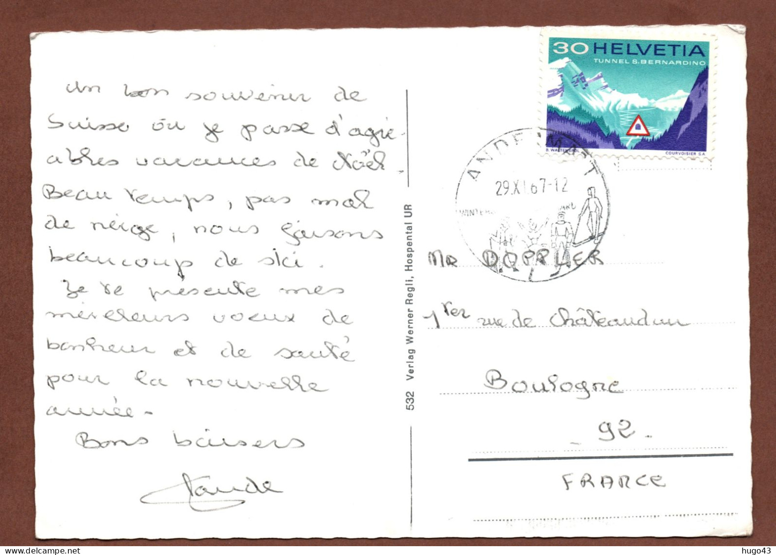 (RECTO / VERSO) HOSPENTAL EN 1967 - VUE GENERALE - BEAU TIMBRE ET CACHET - CPSM GF - Hospental