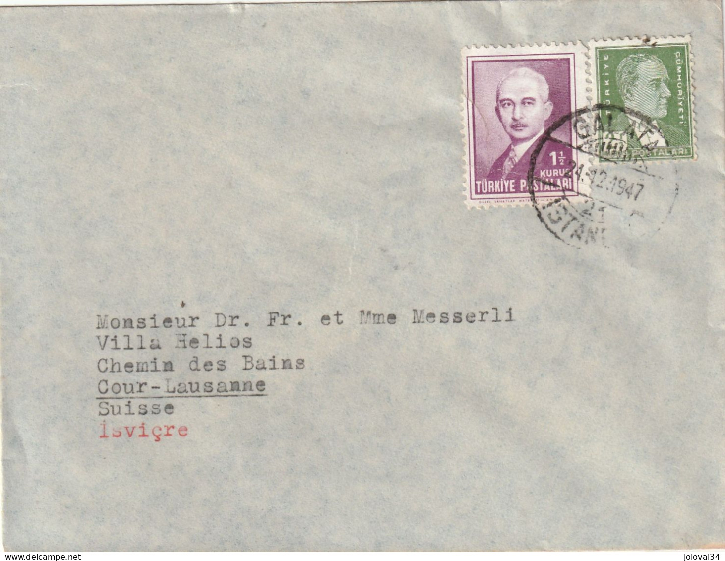 Turquie Lettre GALATA ISTANBUL 24/12/1947  Pour Lausanne Suisse - Briefe U. Dokumente