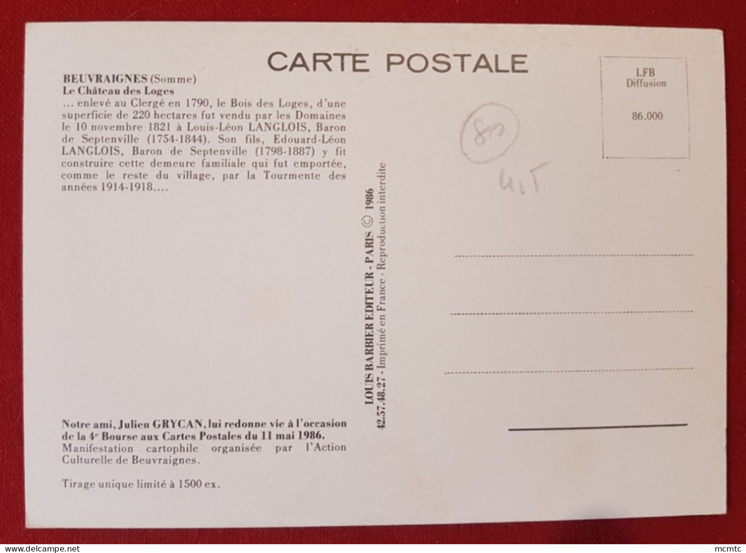 Carte -  Beuvraignes - 4e Bourse Aux Cartes Postales - Le Château Des Loges -( Julien Grycan   ) - Beuvraignes