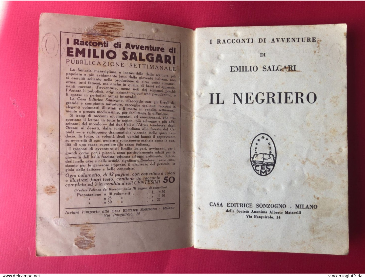 Libro RACCONTI Di AVVENTURE DI SALGARI N.29 - IL NEGRIERO - Sonzogno 1935* - Classici