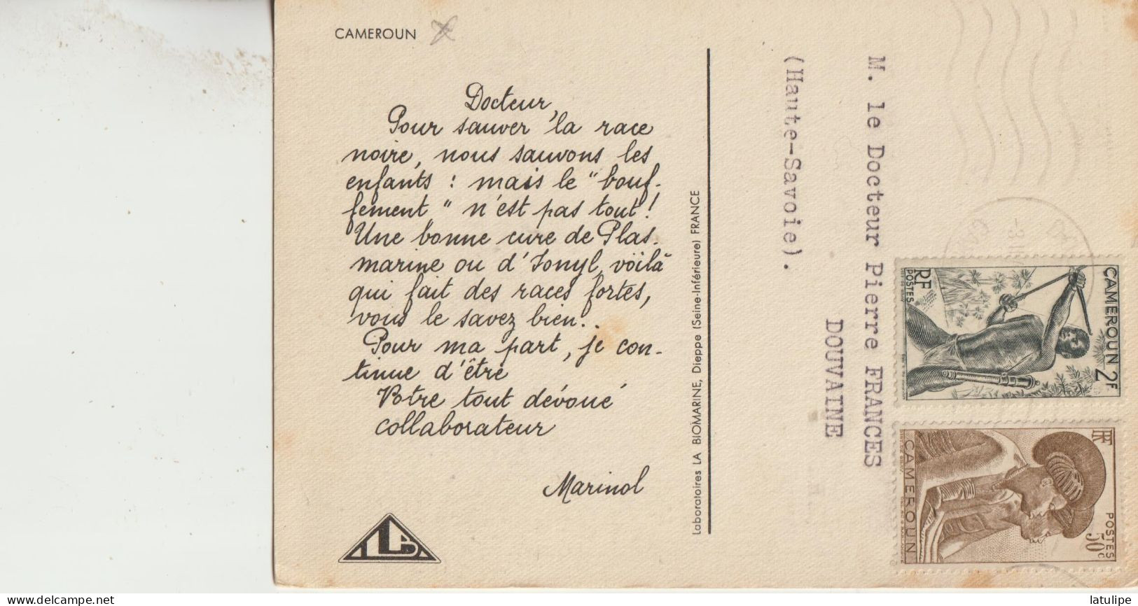 Douvaine  74  Courrier Envoyé A Mr Le Docteur Pierre Frances...Carte Envoyé Du Cameroun Par Mr  MARINOL Voir Scan - Douvaine