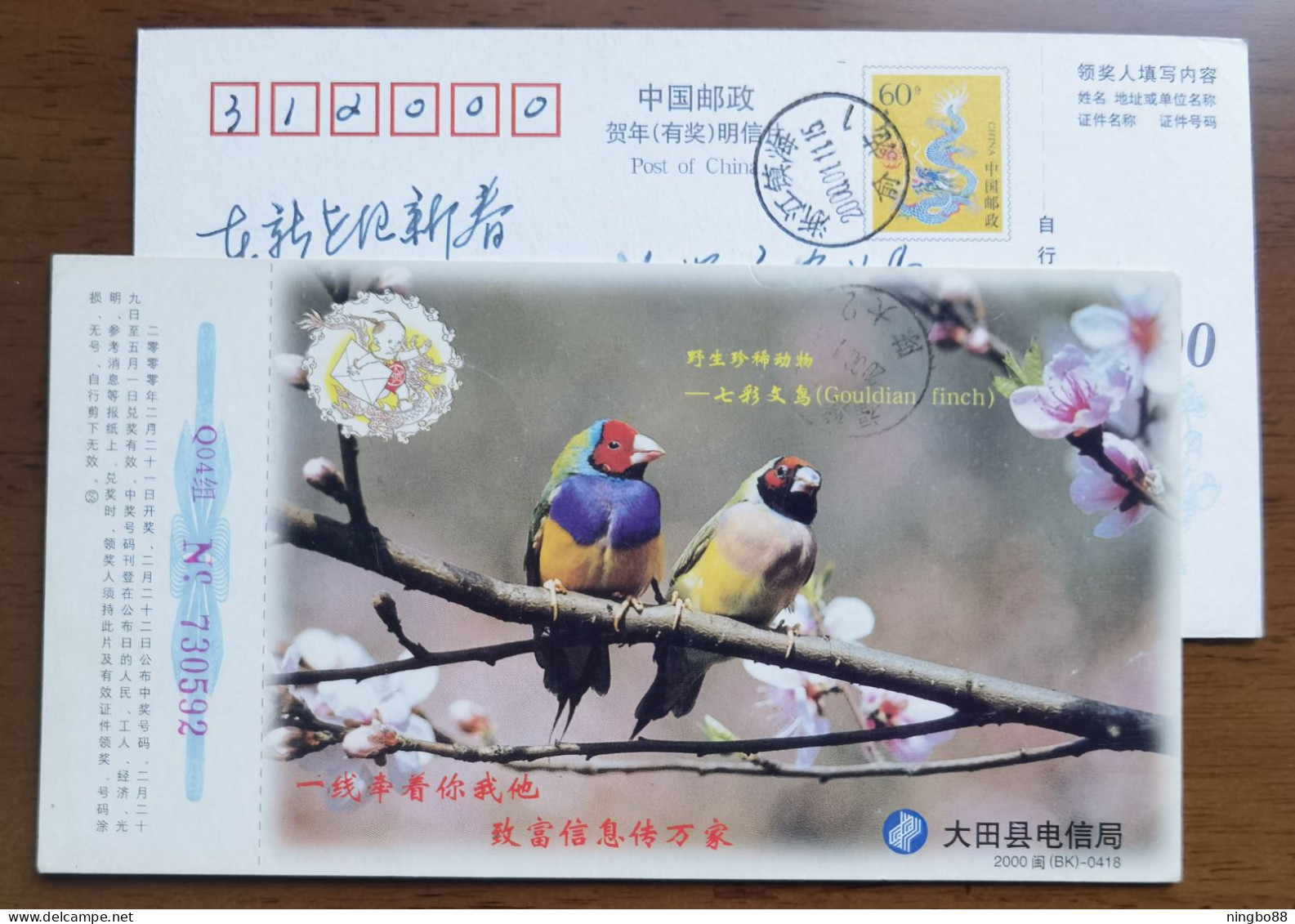 Gouldian Finch,Bird,China 2000 Rare And Exiguity Wildlife Series Advertising Pre-stamped Card - Moineaux