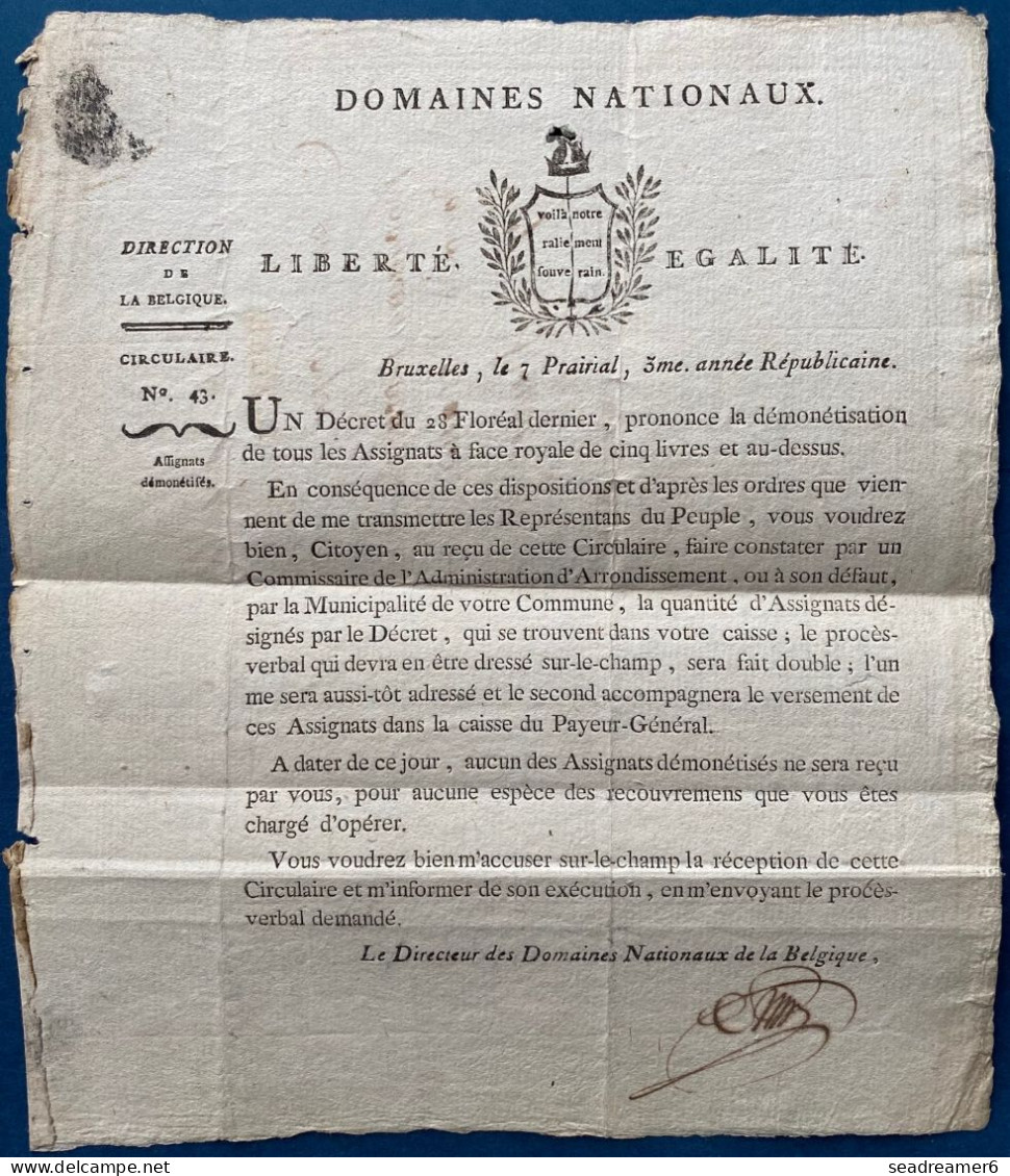 Lettre En Franchise LE DIRECTEUR DES DOMAINES NATIONAUX Marque BRUXELLES Rouge  7 Prairial An III (1795) Pour OSTENDE - 1794-1814 (Französische Besatzung)