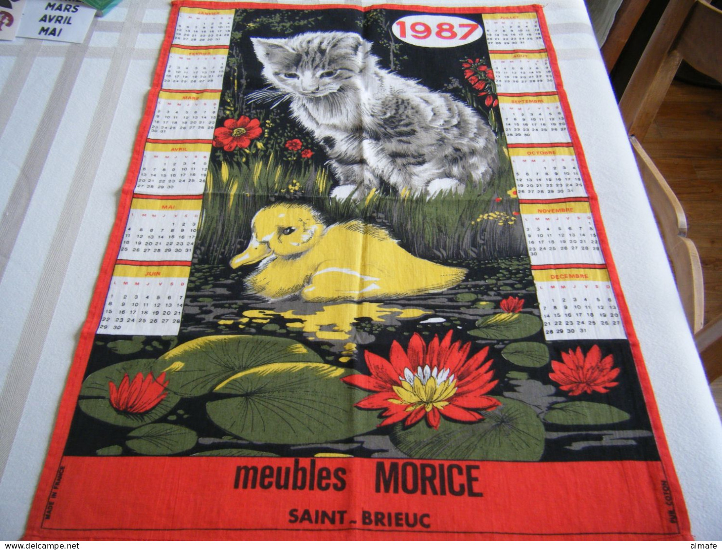 Torchon Publicitaire 1987 Meubles Morice Saint-Brieuc (22) - Chat Et Canard Made In France - Autres & Non Classés