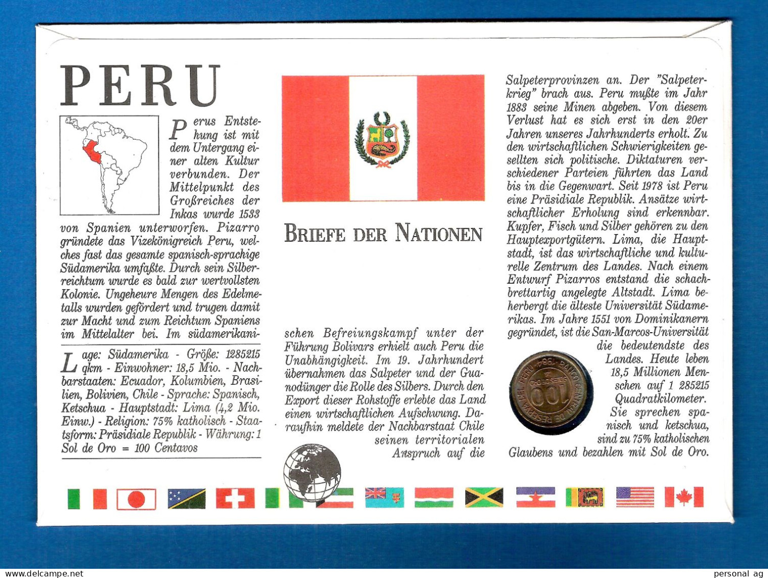 1984  Peru  Numisbrief, Anlass: Vor-Inka Kultur Der Wari. Münze 100 Soles De Oro Von 1984 - Andere - Amerika