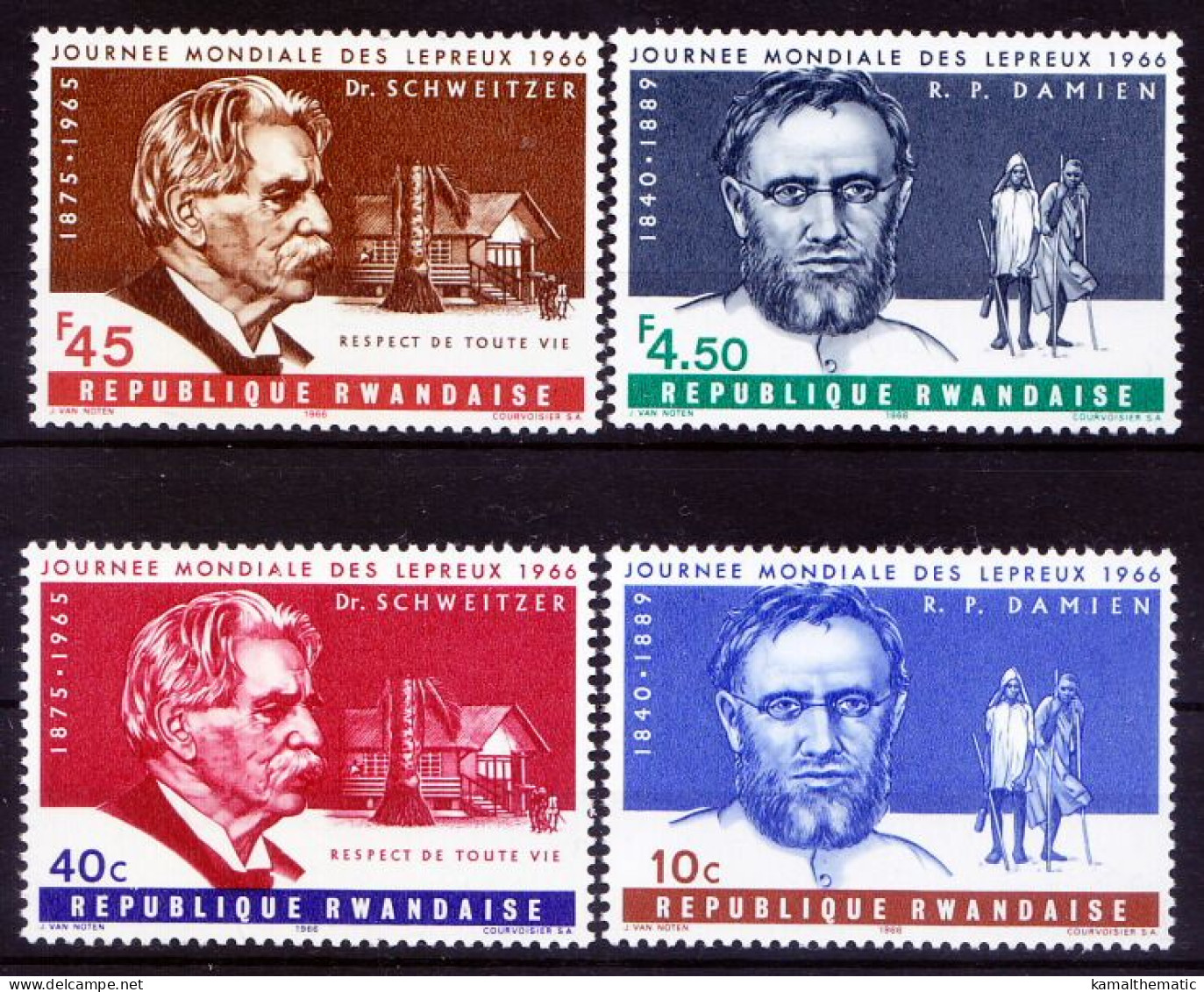 Leprosy, Disease, Medicine, Father Damien, Schweitzer, Rwanda 1966 MNH 4v, - Albert Schweitzer