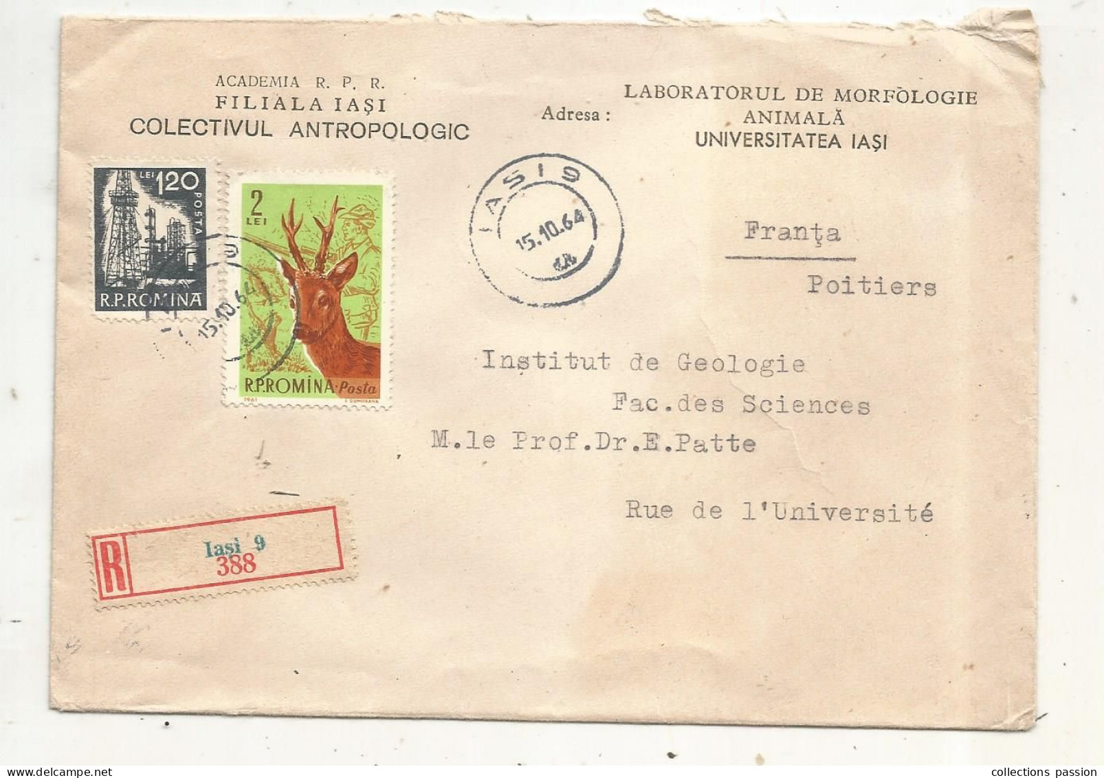 Lettre, ROUMANIE, R.P. ROMINA, IASI 9, Recommandé , R , Academia R.P.R., Filiala IASI, Colectivul Antropologic, 1964 - Marcophilie