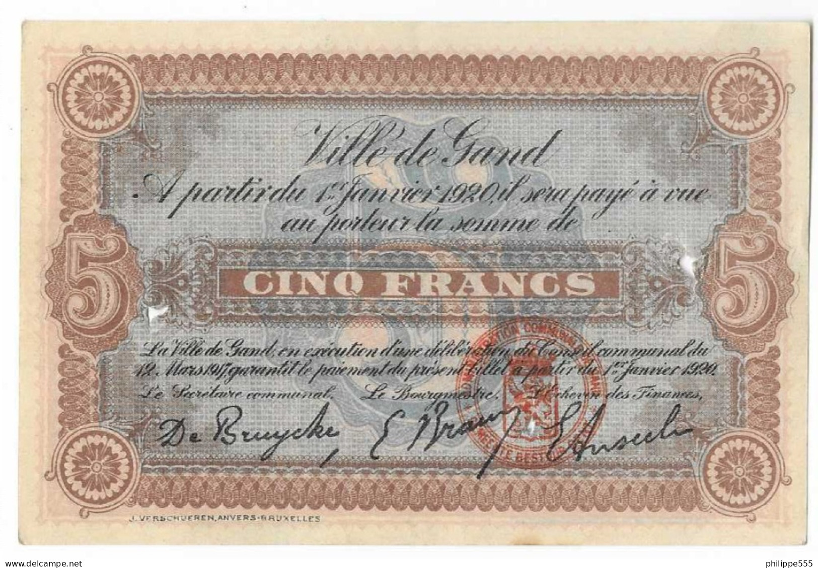 Noodgeld 5 Fr Stad Gent - Perfecte Staat - 5 Francs