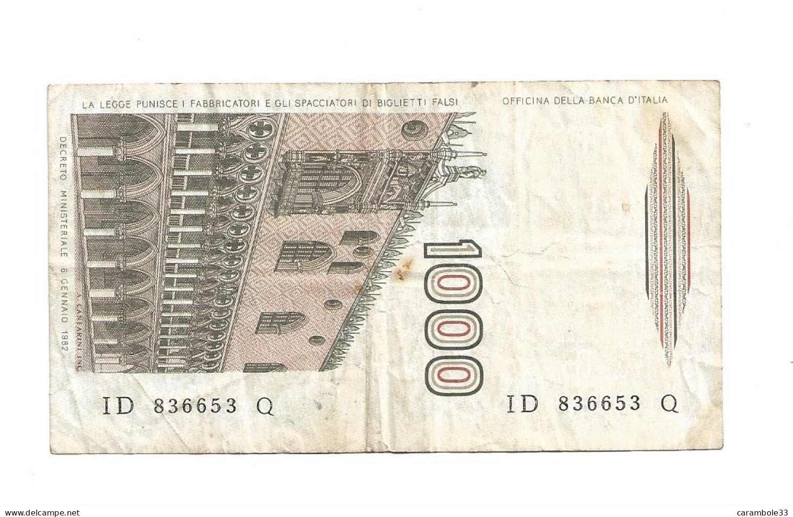 Billet  BANCA  D'ITALIA   LIRE  MILLE - A Identifier