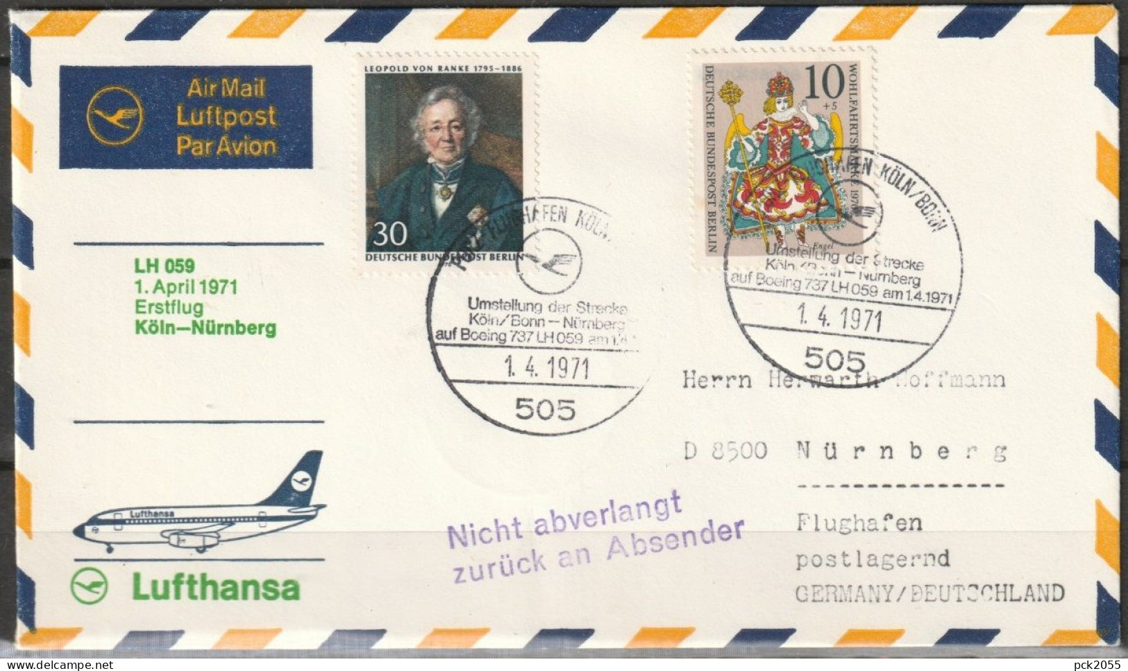 BRD Flugpost / Erstflug LH 059 Boeing 737 Köln - Nürnberg 1.4.1971 Ankunftstempel 1.4.1971  ( FP 47) - Premiers Vols