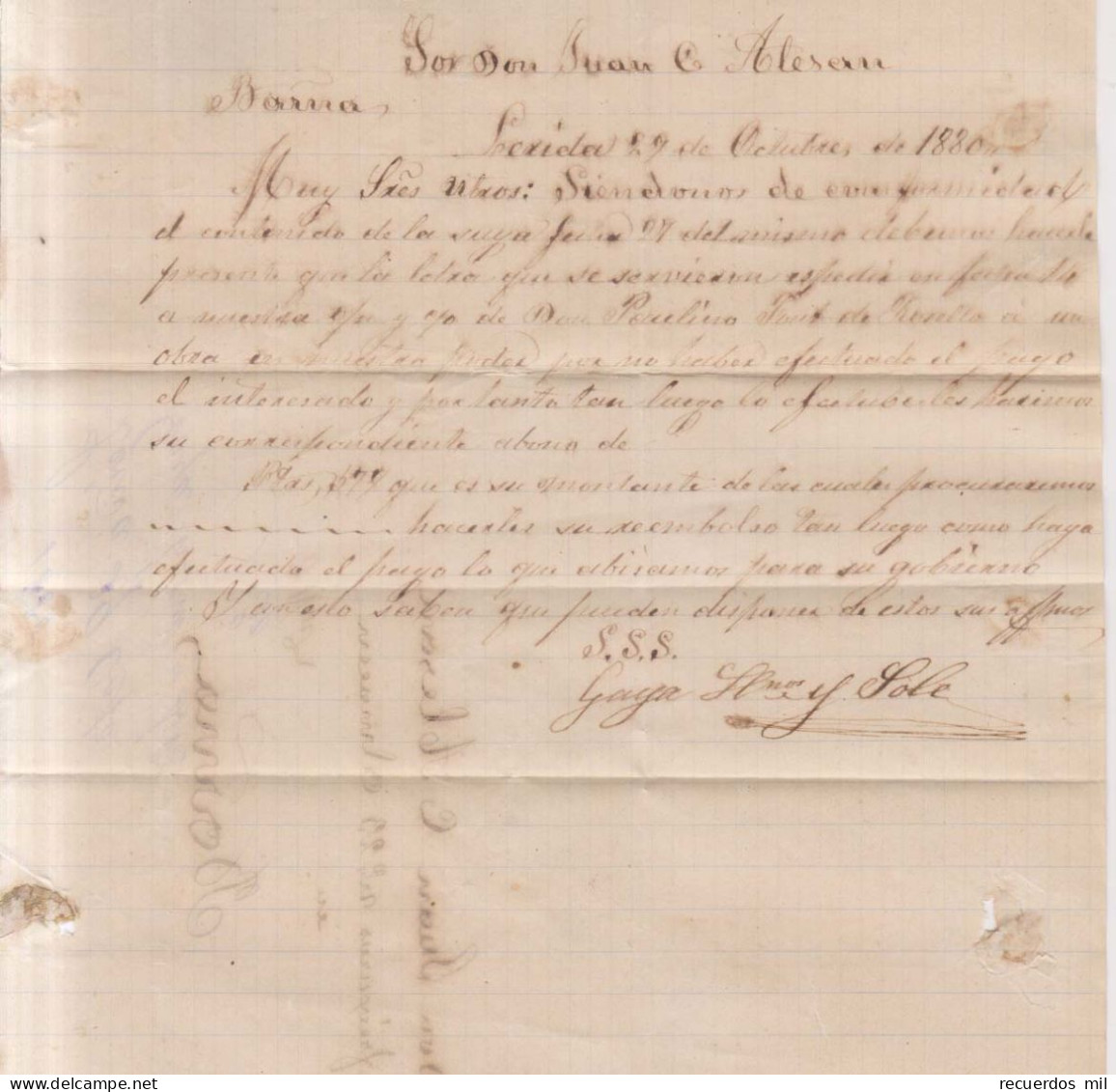 Año 1879 Edifil 204 Alfonso XII Carta Matasellos Lerida Gaya Hermanos Y Sole - Lettres & Documents