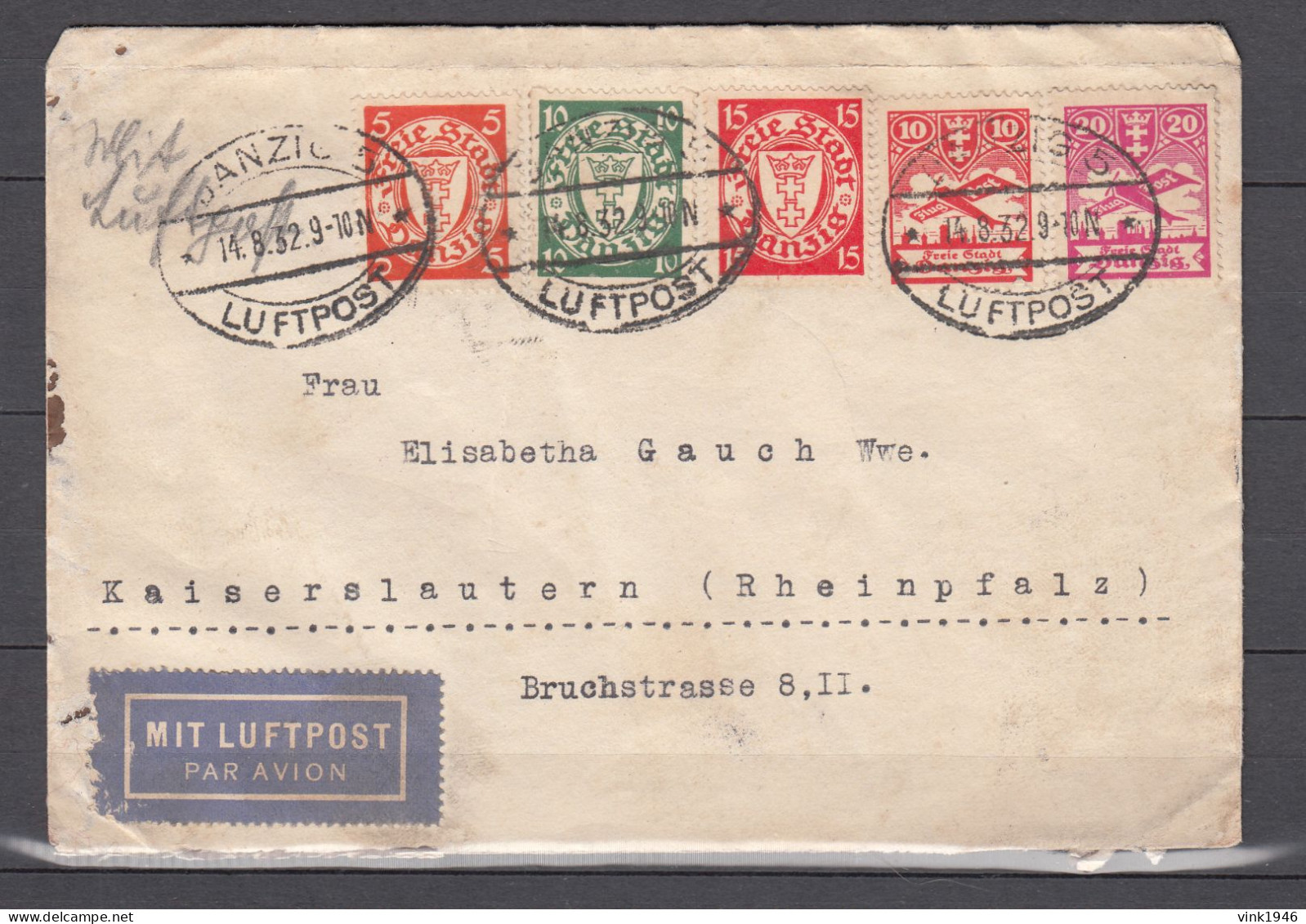 Danzig 1932,Mi 193,194D,202,203,214 Auf Brief Mit Luftpost Befördert Nach Kaiserslautern(D3554) - Lettres & Documents