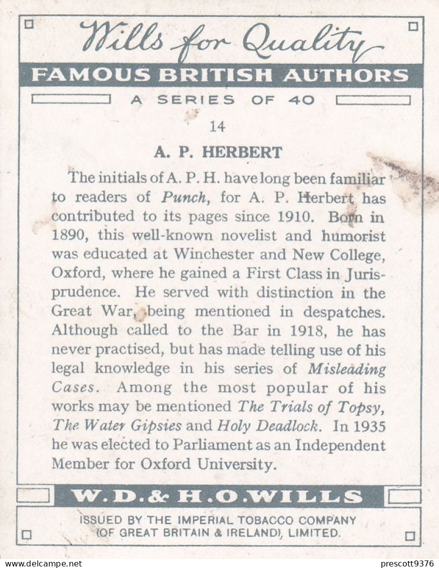 Famous British Authors 1937 - No14 A.P. Herbert  - Wills Cigarette Card - Original Card - Large Size - Wills