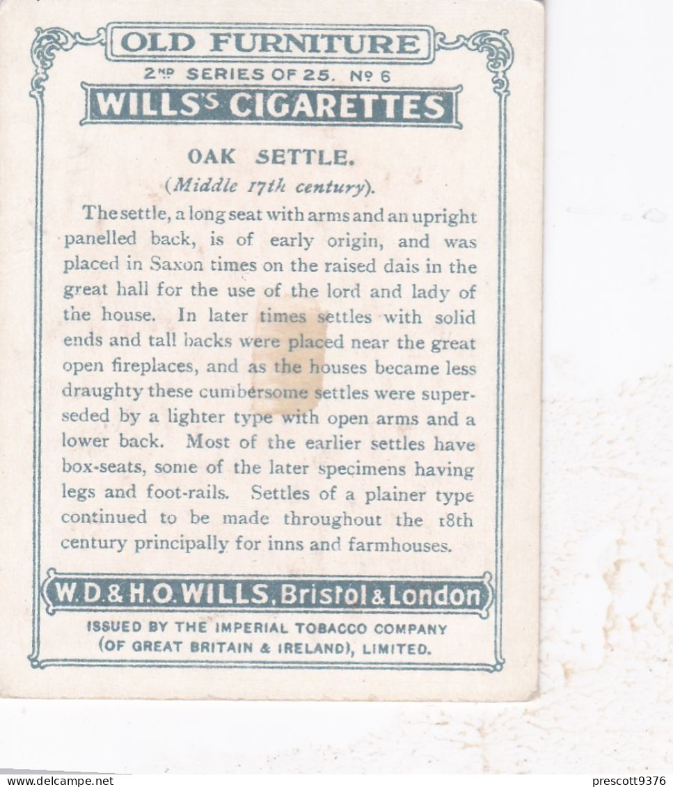 Old Furniture 1923 - No6 Oak Settle  - Wills Cigarette Card - Original Card - Large Size - Wills