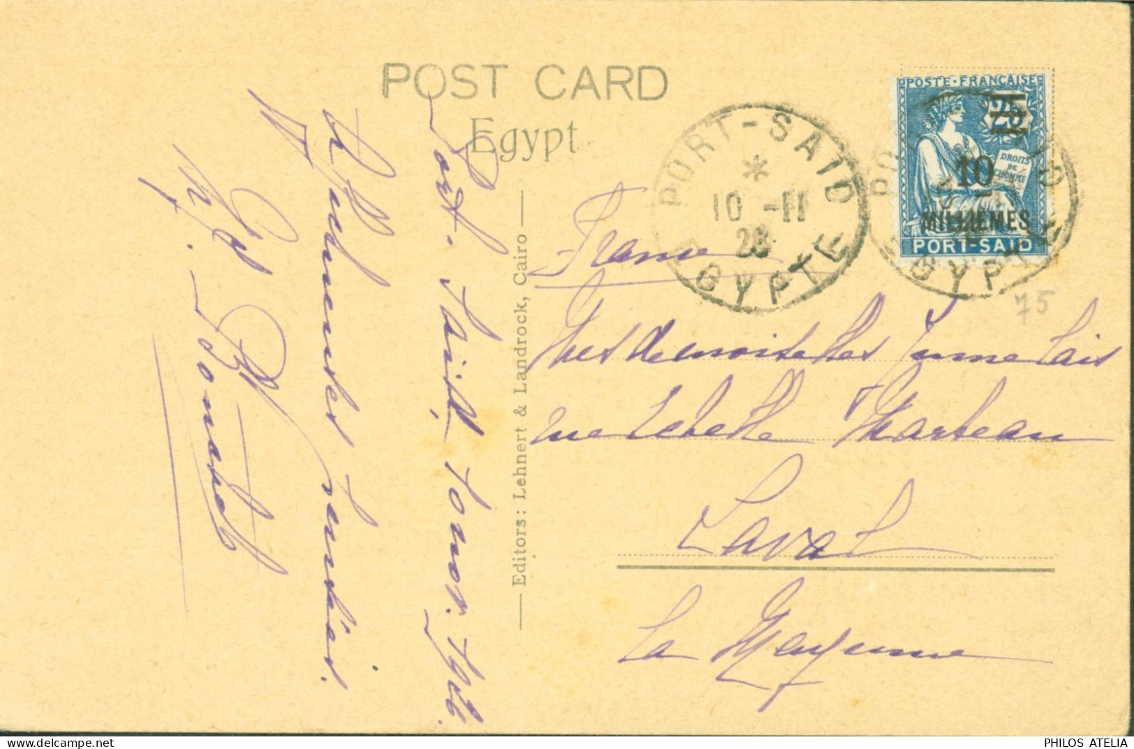 Bureau Français à L'étranger YT Mouchon N°75 (10 Millièmes Sur 25 Bleu) CAD Port Saïd Egypte 10 11 1910 CPA Port Saïd - Lettres & Documents