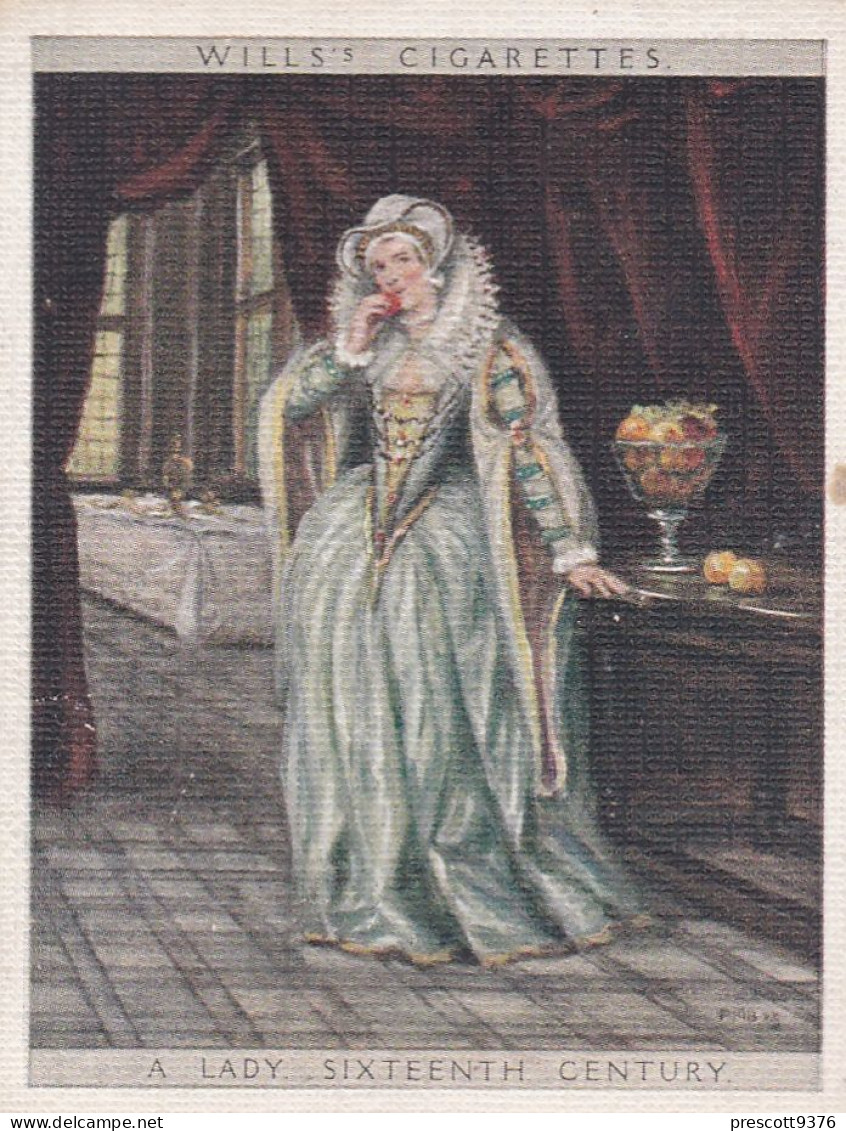 English Period Costumes 1927 - 12 Lady 16th C  - Wills Cigarette Card - Original Card - Large Size - Wills