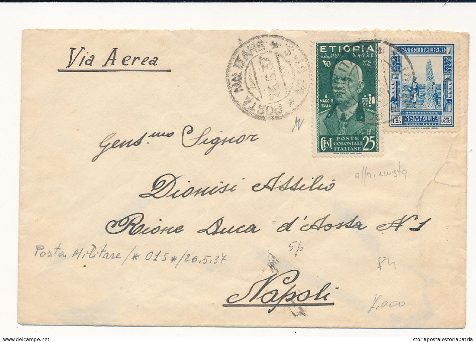 1937 COLONIE ITALIANE SOMALIA MISTA SOMALIA ETIOPIA POSTA MILITARE 01 S - Somalie