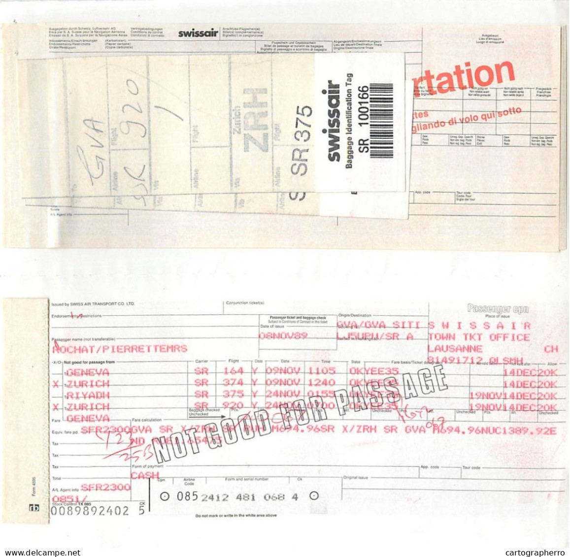 Swissair Passenger Ticket And Baggage Check - Tickets