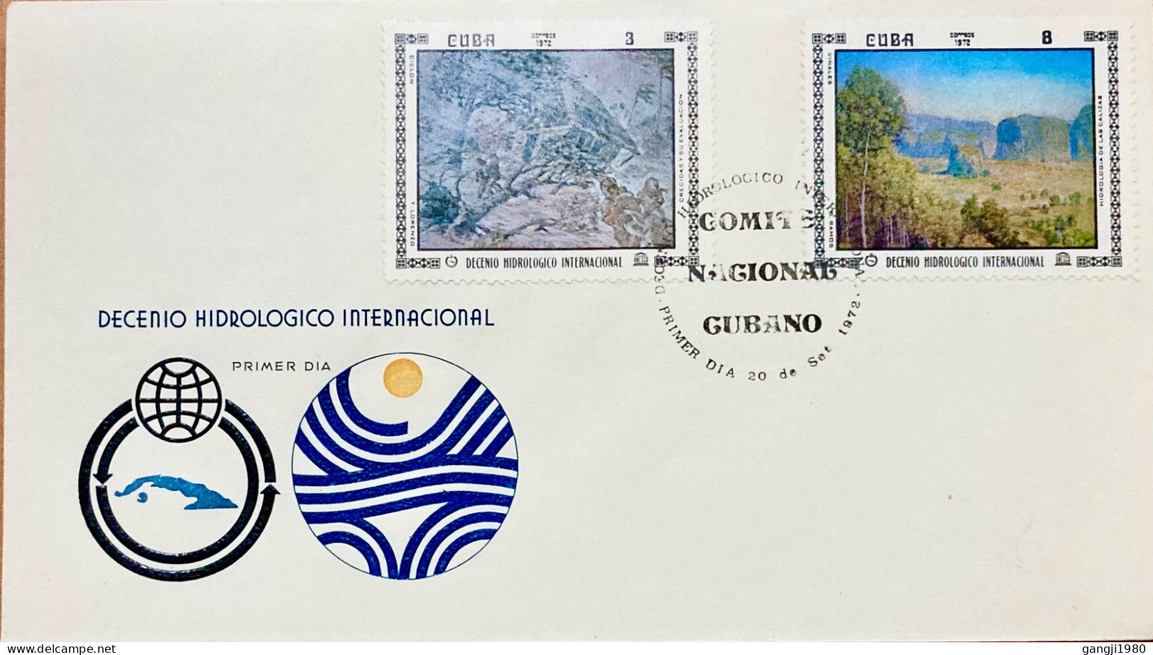 CUBA 1972, FDC COVER, HYDROLOGICAL INT. 2 DIFF. STAMP,  LANDSCAPE, TREE, FOREST & STREAM,  PAINTING - Storia Postale