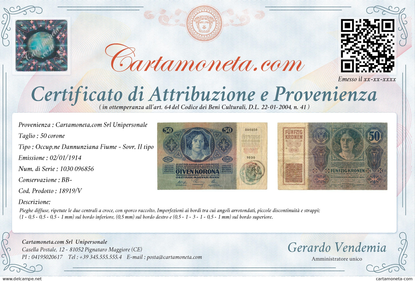 50 CORONE OCCUPAZIONE DANNUNZIANA FIUME SOVRASTAMPA II TIPO 02/01/1914 BB- - Other & Unclassified