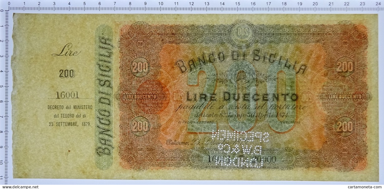 200 LIRE CAMPIONE SPECIMEN  CON MATRICE BANCO DI SICILIA PORTATORE 1879 FDS-/FDS - Autres & Non Classés