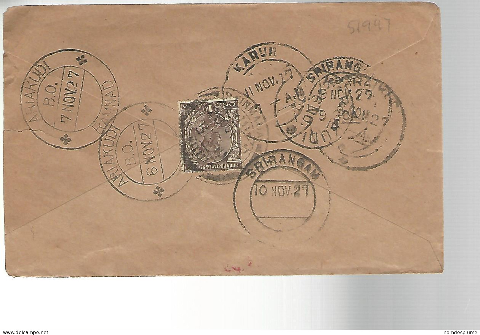51947 ) Cover India Postmark  Ariakudi Srirangam 1927 - Enveloppes