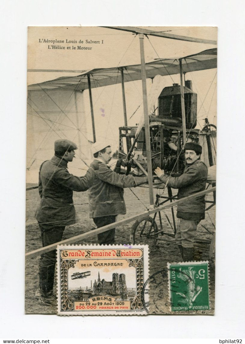 !!! CPA DU MEETING DE BETHENY DE 1909 AVEC VIGNETTE GRANDE SEMAINE D'AVIATION DE CHAMPAGNE ET CACHET SPECIAL - Luftfahrt