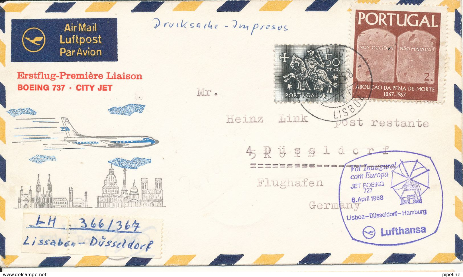 Portugal First Flight Cover Lufthansa Boeing 737 City Jet Lisboa - Düsseldorf 6-4-1968 - Covers & Documents