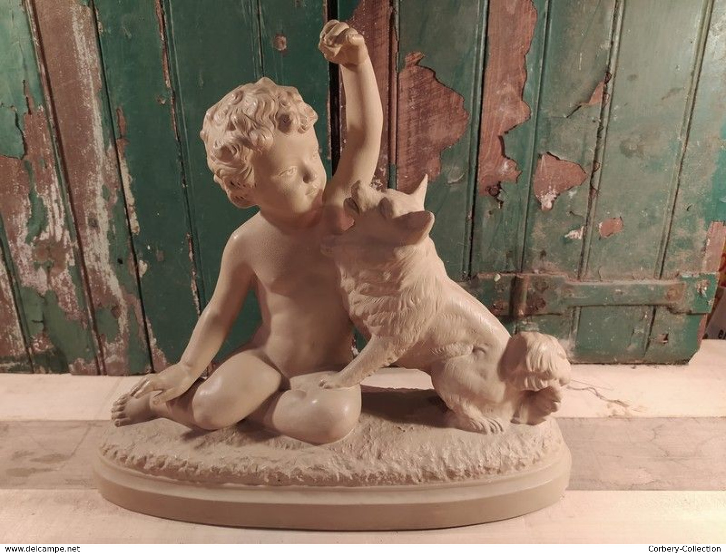 Sculpture Terre Cuite Enfant Jouant avec son Chien ca1920 Signée Bohumil Rezl