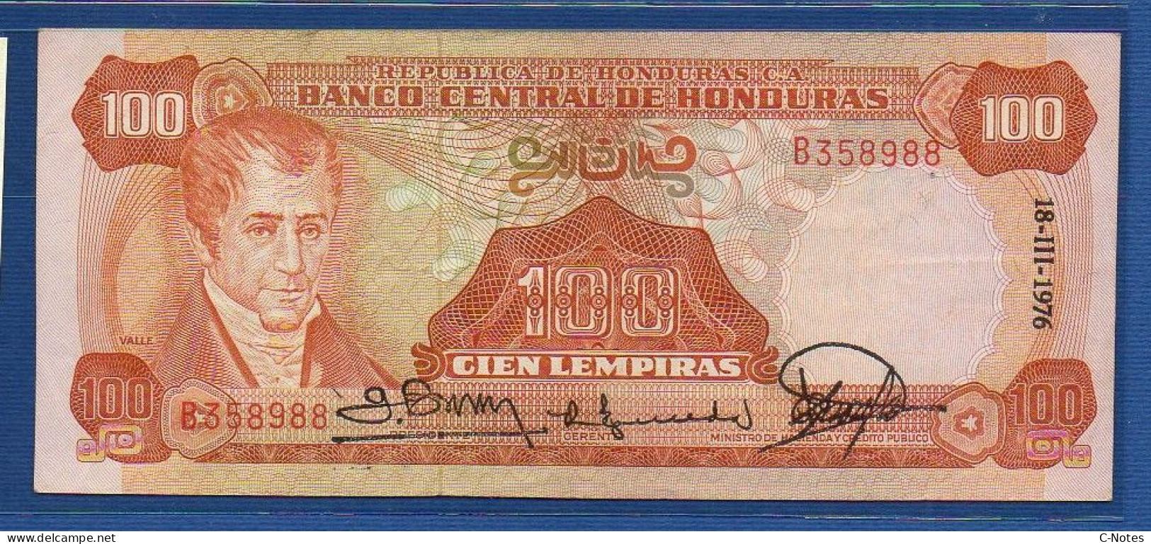 HONDURAS - P. 67c – 100 Lempiras 18.III.1976 VF/XF, S/n B358988 - Honduras