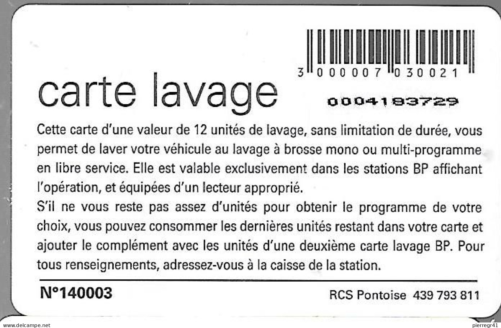 CARTE-PUCE-LAVAGE-BP-12-UNITES-V° N°140003-TBE - Car-wash