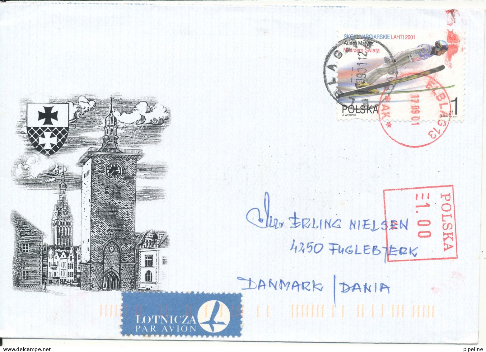 Poland Cover Sent To Denmark With Red Meter Cancel And A Stamp Elblag 12-9-2001 - Covers & Documents