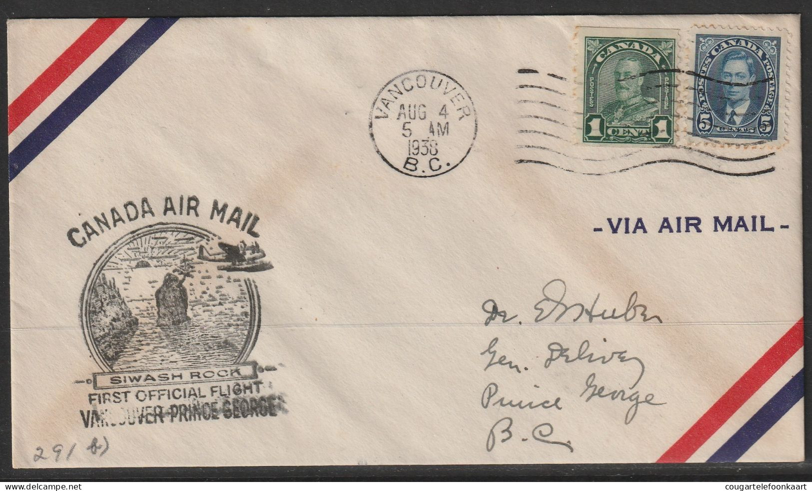 1938, First Flight Cover, Vancouver-Prince George - Erst- U. Sonderflugbriefe