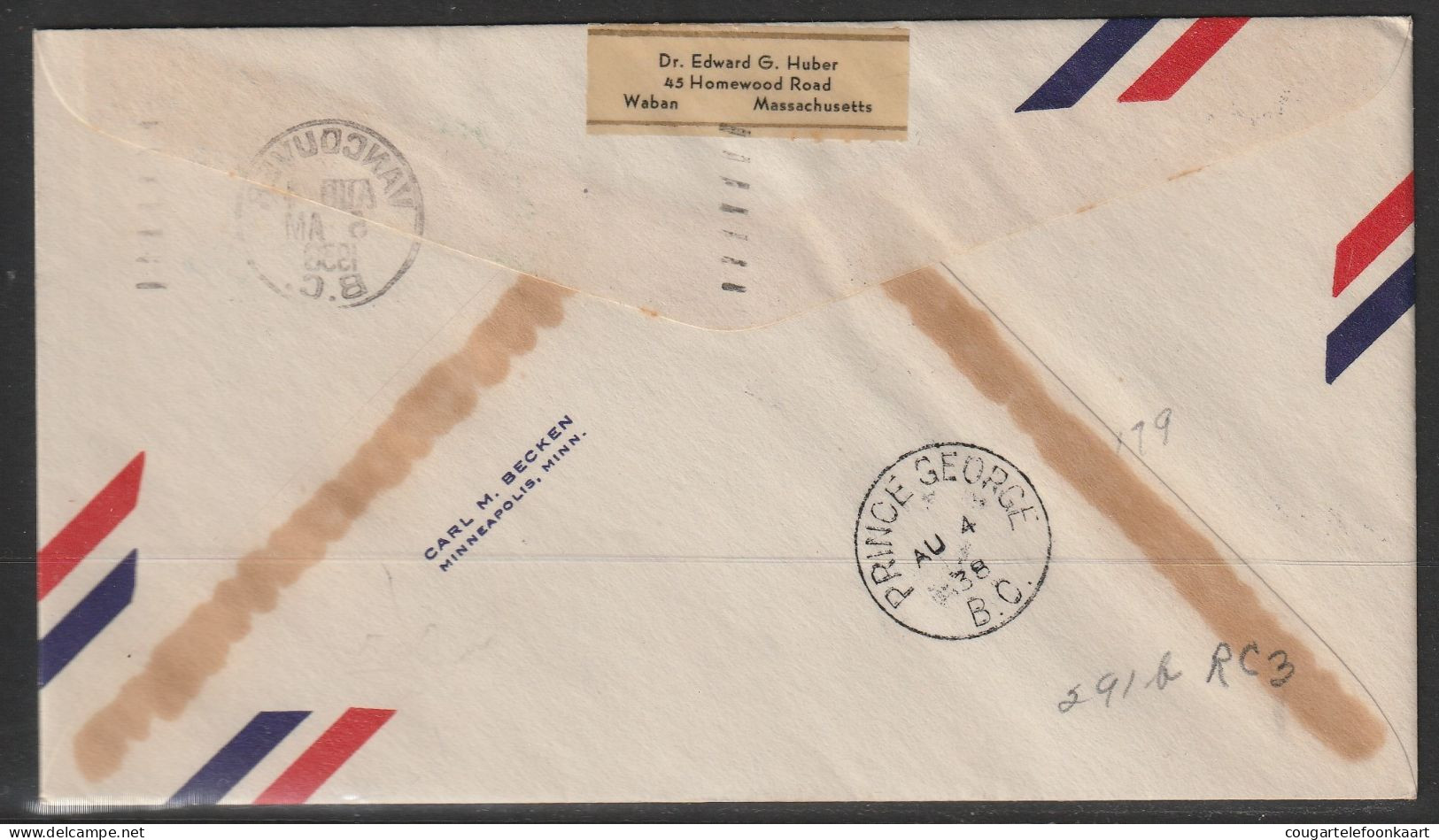 1938, First Flight Cover, Vancouver-Prince George - Erst- U. Sonderflugbriefe