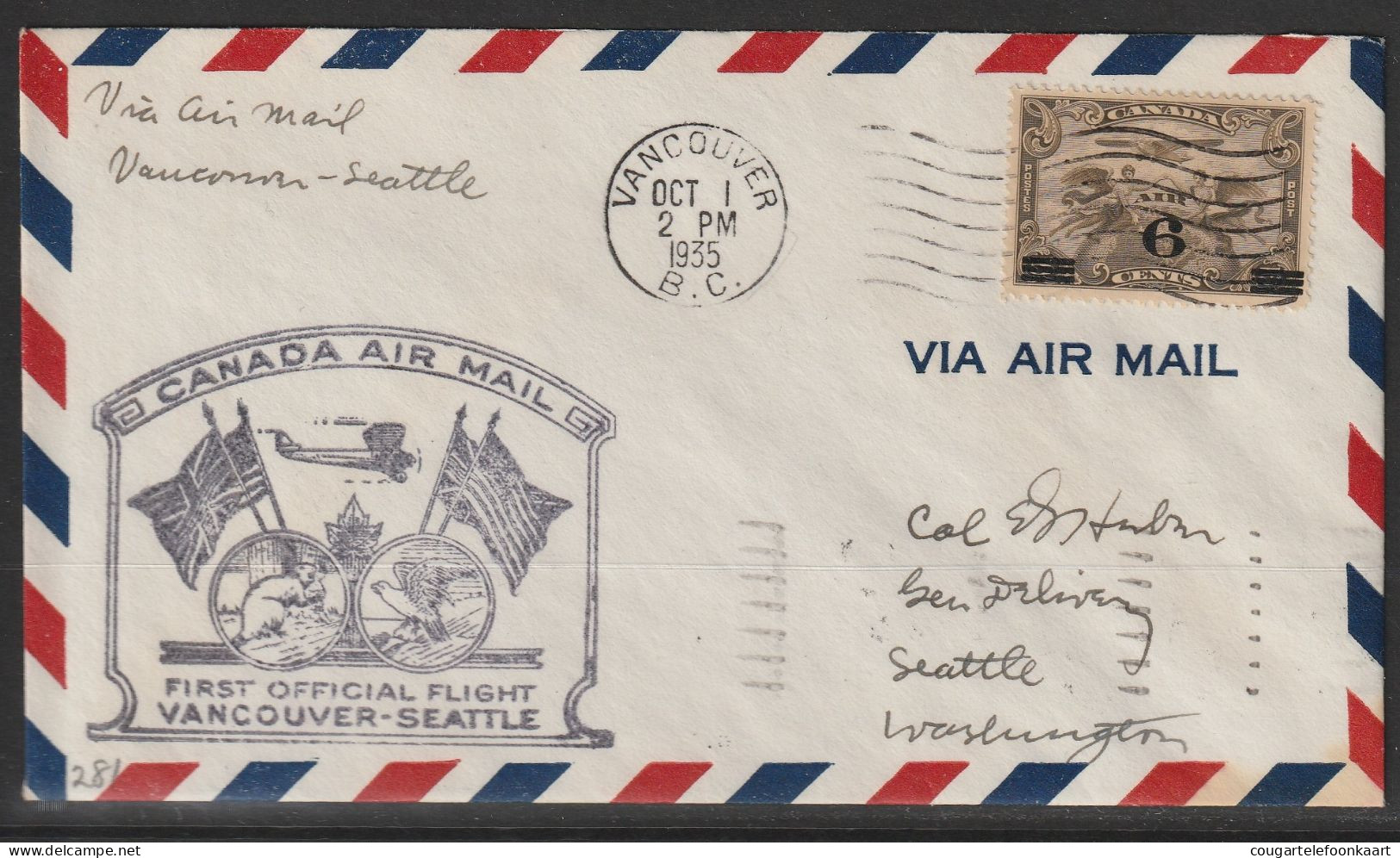 1935, First Flight Cover, Vancouver-Seattle - Erst- U. Sonderflugbriefe