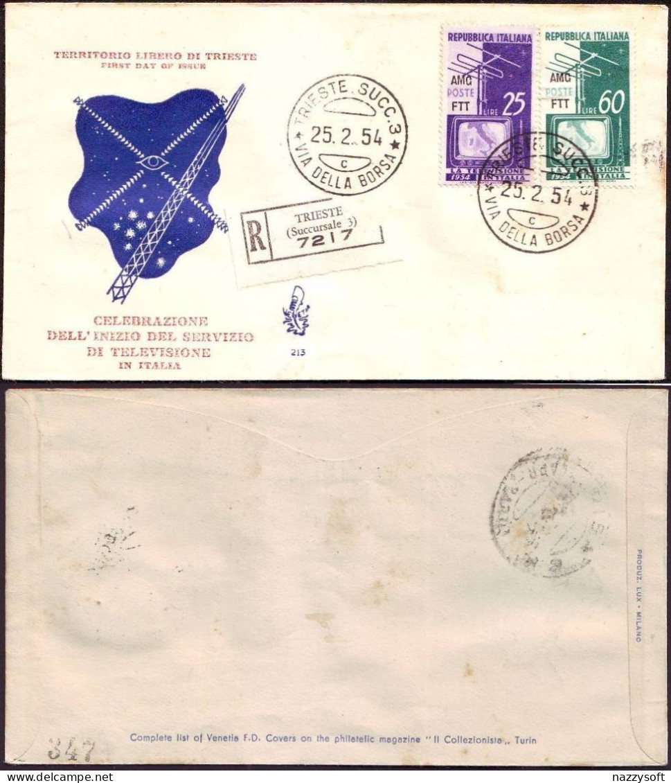 Fdc Venetia TS 1954 213 Servizio Radio Televisivo Italiano Raccomandata - Altri & Non Classificati