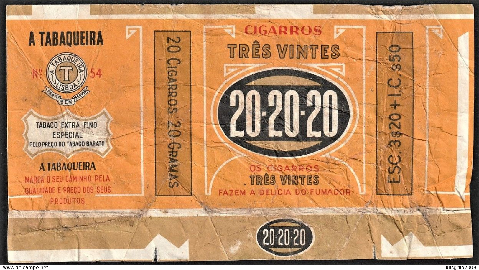 Portugal 1950/ 60, Pack Of Cigarettes - Cigarros TRÊS VINTES 20.20.20 -|- A Tabaqueira, Lisboa - Empty Tobacco Boxes