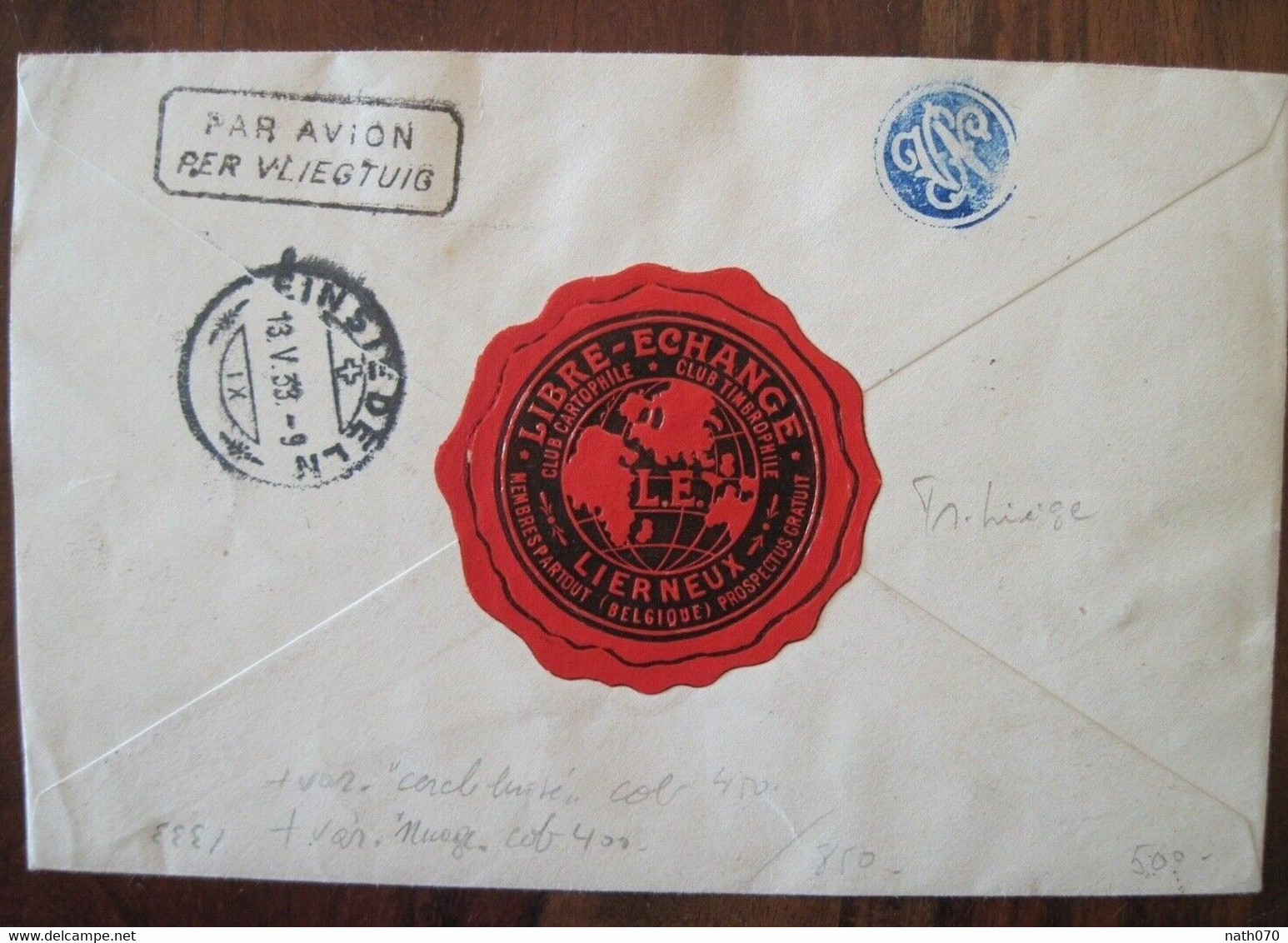 Belgique 1933 Service Aerien Seulement Par Avion Cover Registered Reco R Schweiz Suisse Switzerland VOIR DOS - Lettres & Documents