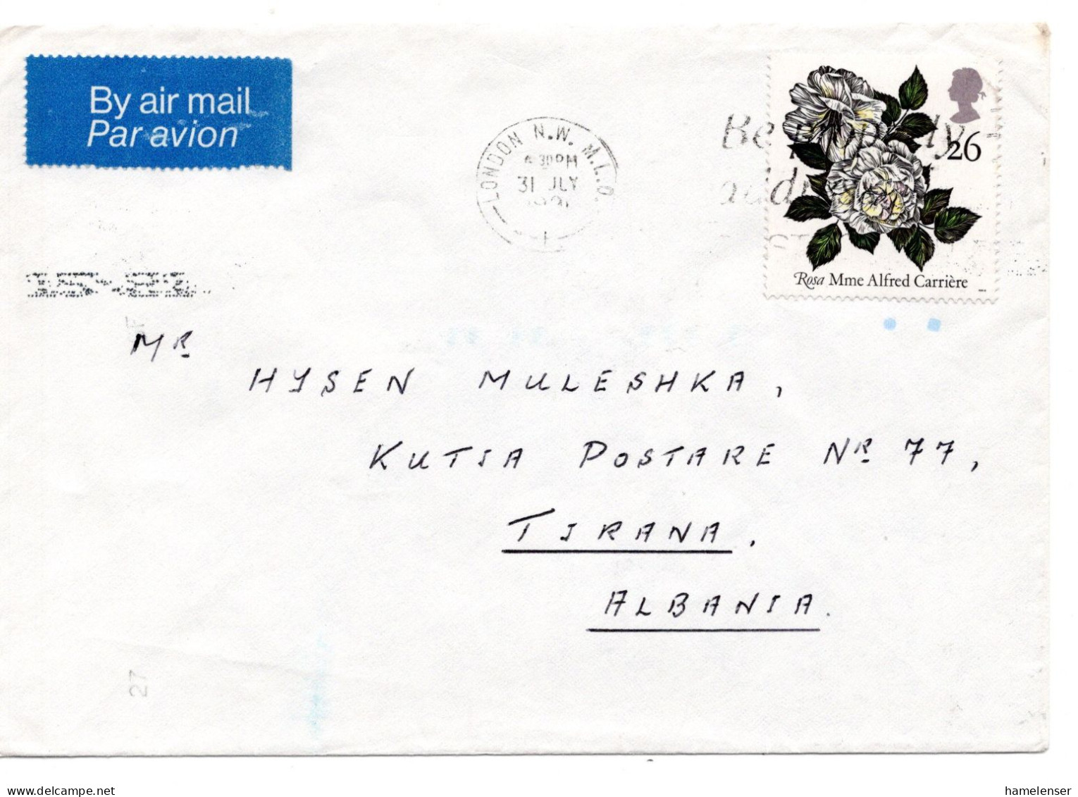 59295 - Grossbritannien - 1991 - 26p Rose EF A LpBf LONDON - ... -> TIRANE (Albanien) - Roses