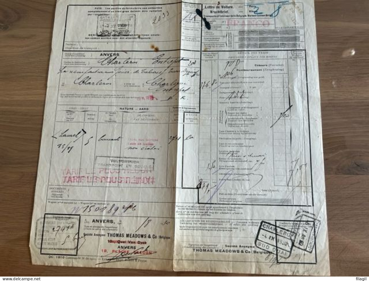 Vrachtbrief Met Stempel Antwerpen Dok Stap Doorvoer Verkeer N°13 Naar Charleroi Tolvervoer * - Dokumente & Fragmente