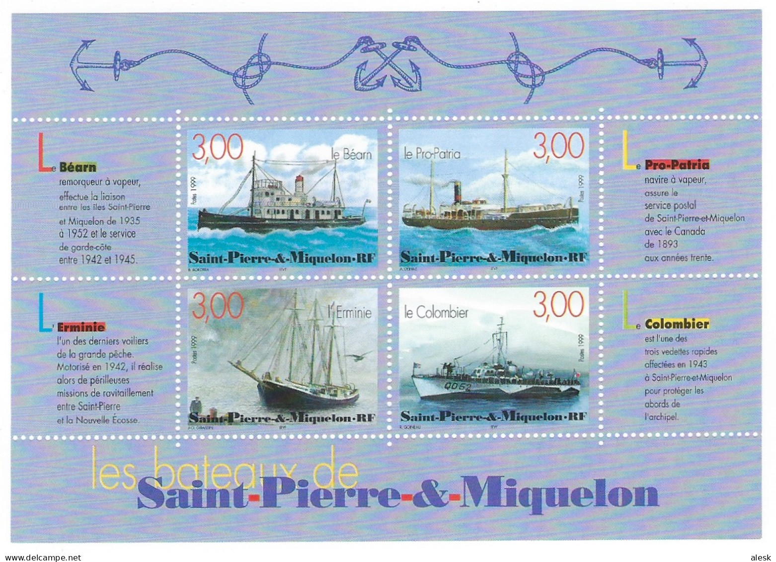 SAINT-PIERRE & MIQUELON 1999 - Bloc N°7 - Les Bateaux De Saint-Pierre - Nœud Marin - Lacs D'Amour - Blocks & Kleinbögen