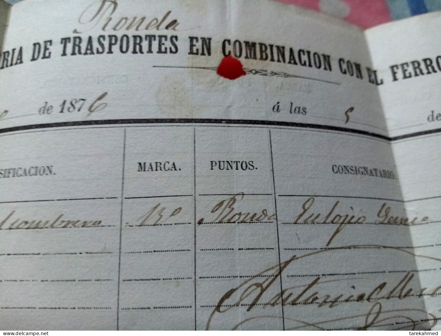 Granada 1876, Rare Bill Of Lading, Transportation Co. Of Ferro Carrill. Alfonso Stamp Used As Revenue. Perfect - Briefe U. Dokumente