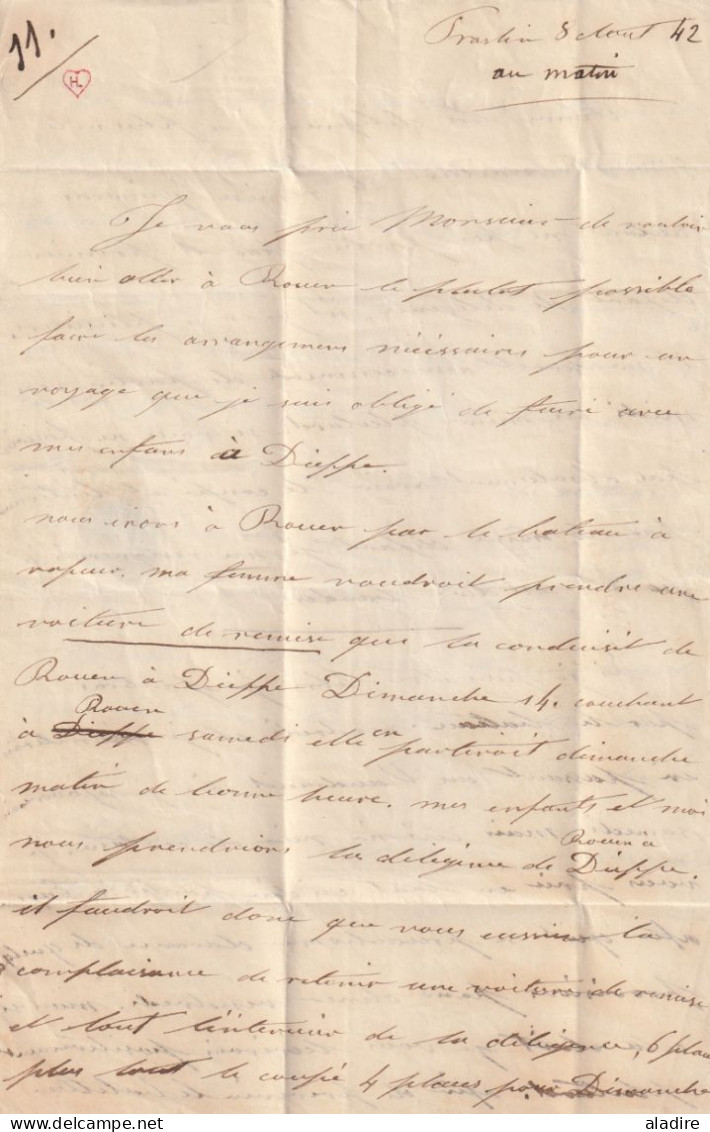 1842 - lettre pliée avec corresp de Praslin postée à Melun (cad moyen) vers Louviers, Eure (grand cad) - taxe 4