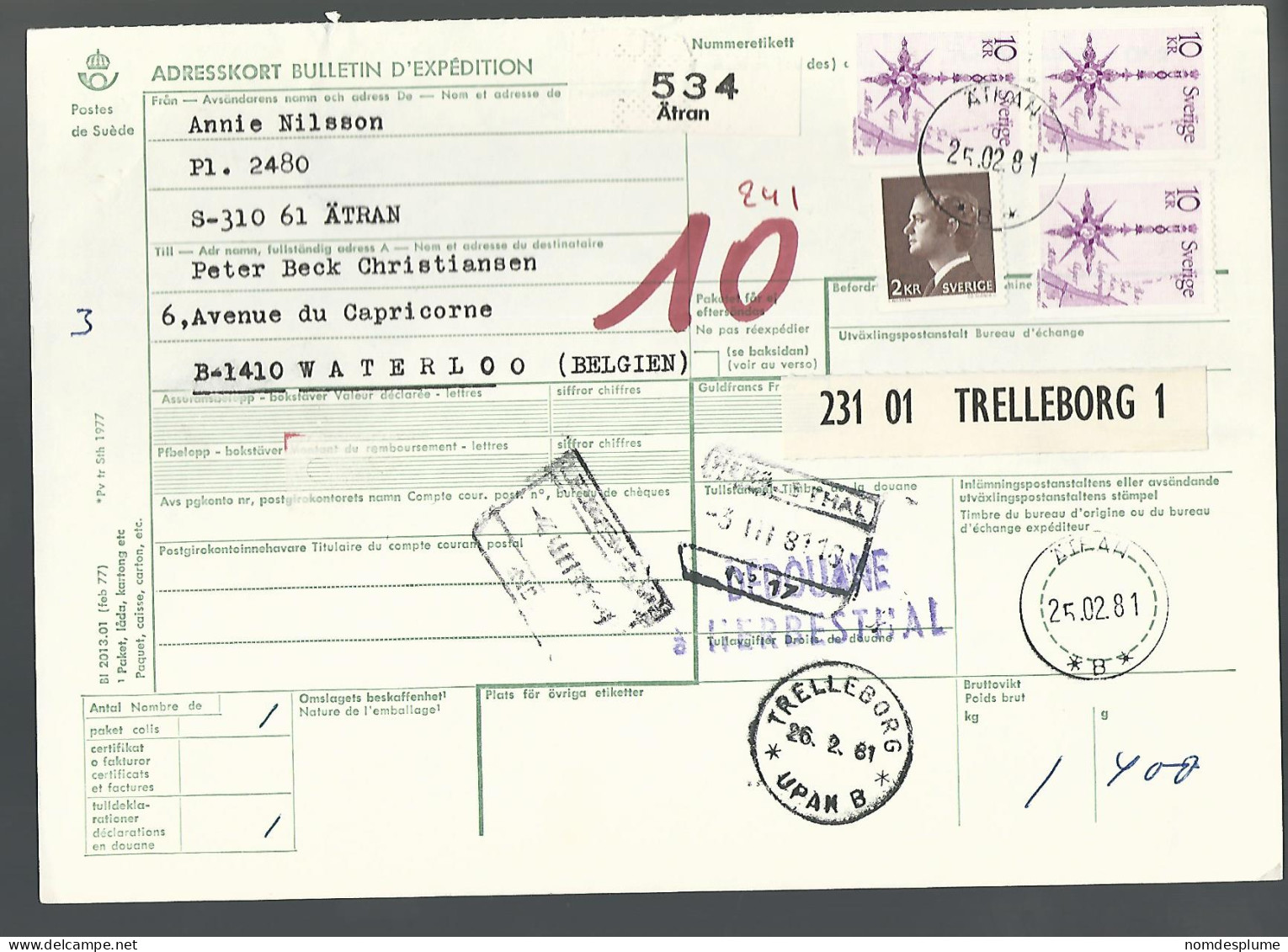 58529) Sweden Adresskort Bulletin D'Expedition 1981 Postmark Cancel - Briefe U. Dokumente