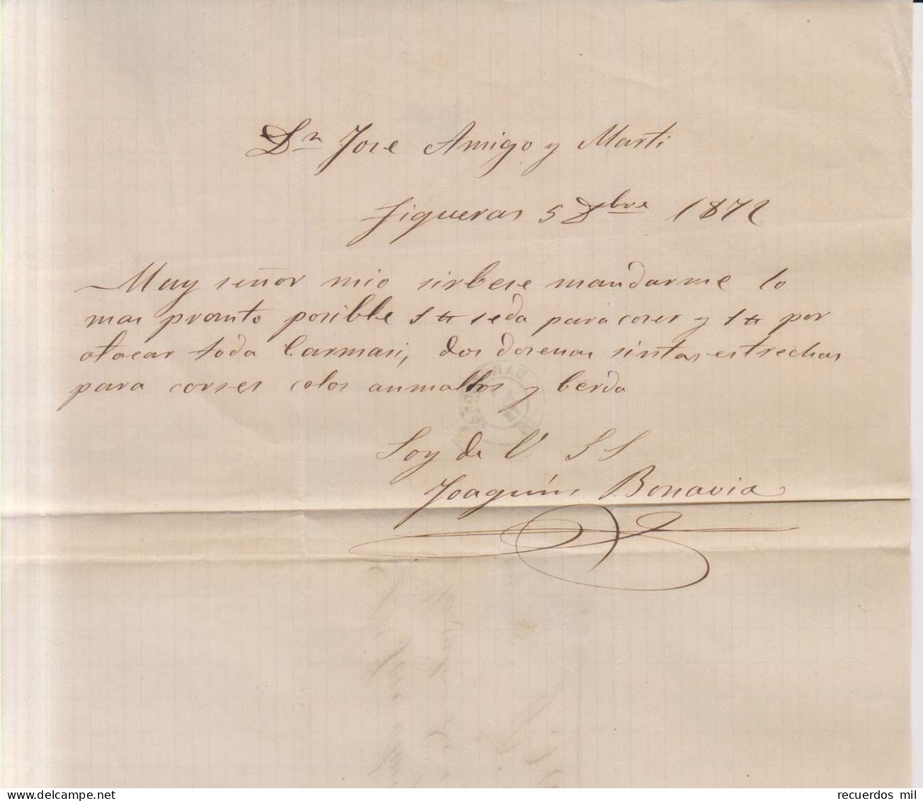 Año 1872 Edifil 122 Amadeo I  Carta  Matasellos Rombo Figueras Gerona Joaquim Bonavia - Lettres & Documents