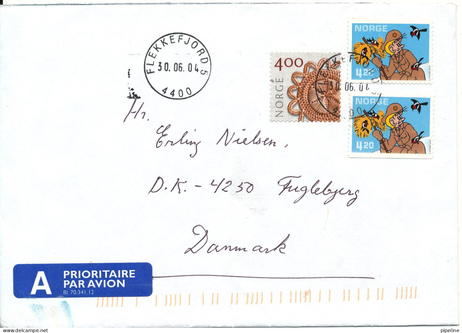 Norway Cover Sent To Denmark Flekkefjord 30-6-2004 With Green Douane C22 Label On The Backside Of The Cover - Briefe U. Dokumente